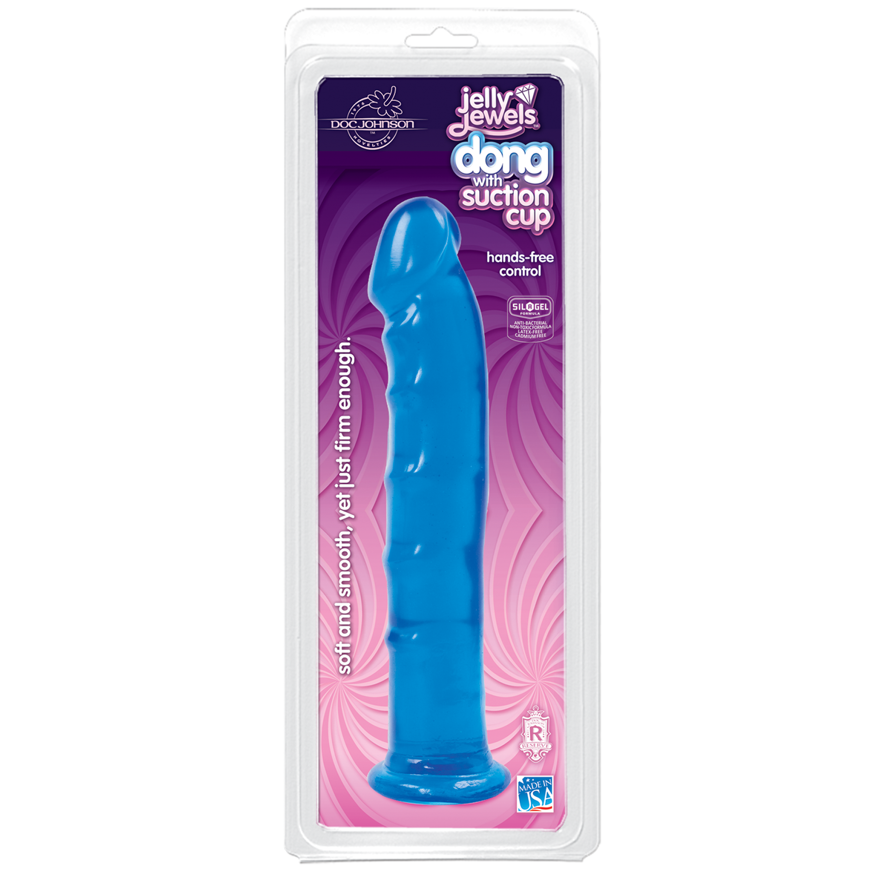 Фаллоимитатор Doc Johnson Jelly Jewels Dong & Suction Cup Blue, диаметр 3,6см, антибактериальный ПВХ