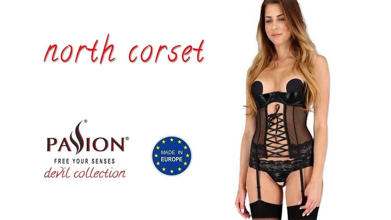 Корсет с открытой грудью NORTH CORSET black L/XL - Passion Exclusive, пажи, трусики, шнуровка