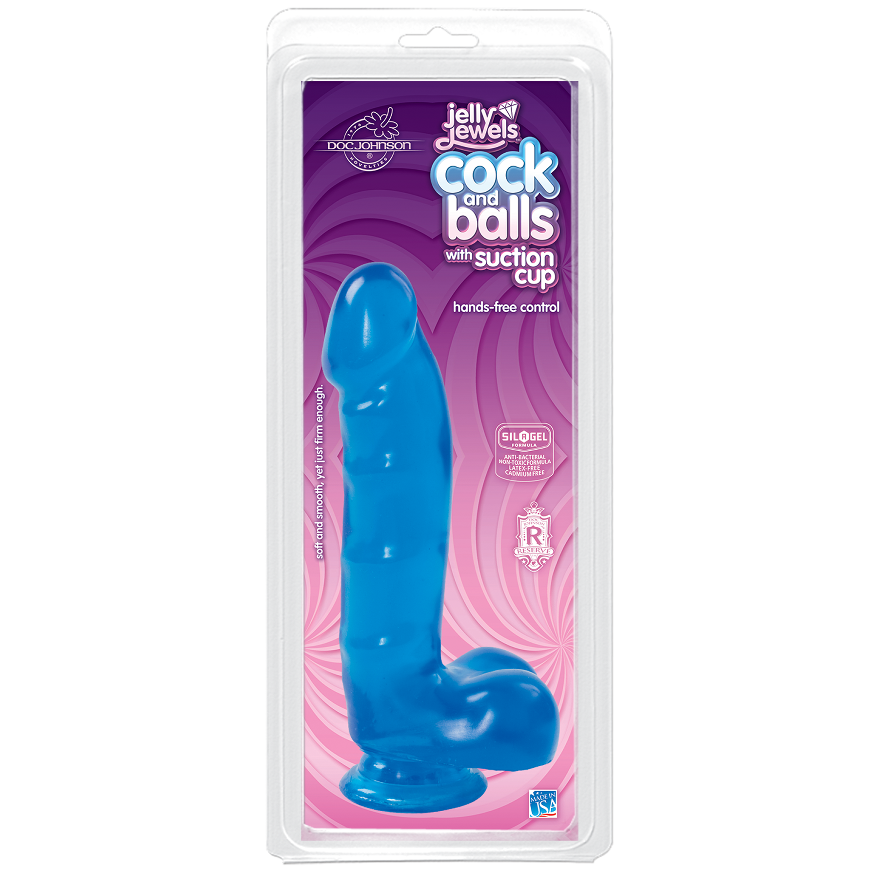 Фаллоимитатор Doc Johnson Jelly Jewels Cock & Balls Blue, диаметр 3,6см, антибактериальный ПВХ