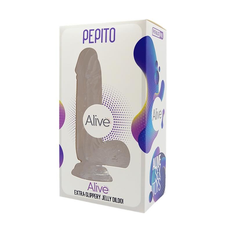 Прозрачный фаллоимитатор Alive Jelly Dildo Pepito, ТПЕ, присоска, диаметр 3,5см, длина 15,5см